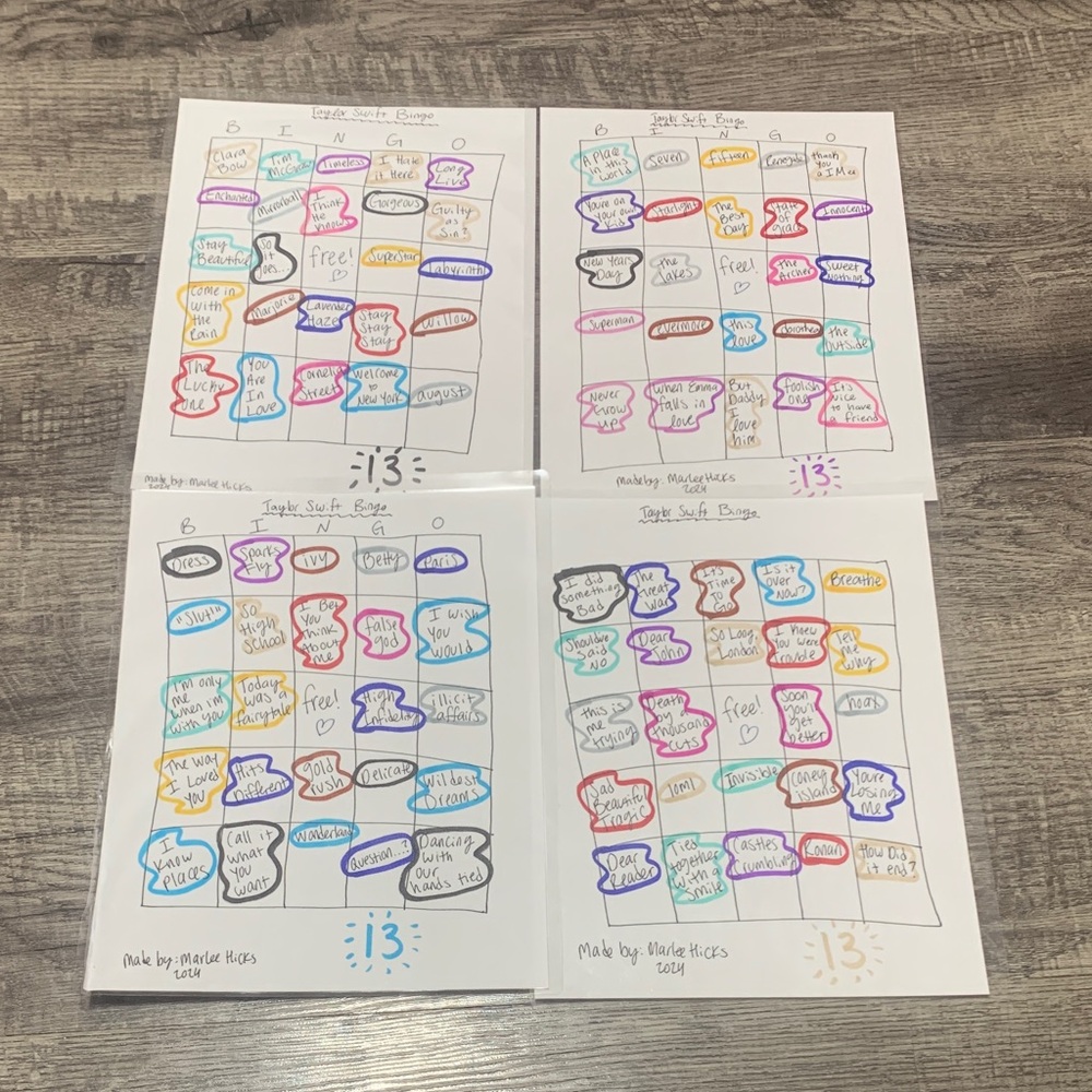 Handmade Taylor Swift Bingo Laminated Sheets - Set of 4